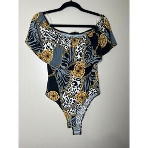 NWT Women’s Small Discovery Clothing Off Shoulder Bodysuit Animal Print Chain